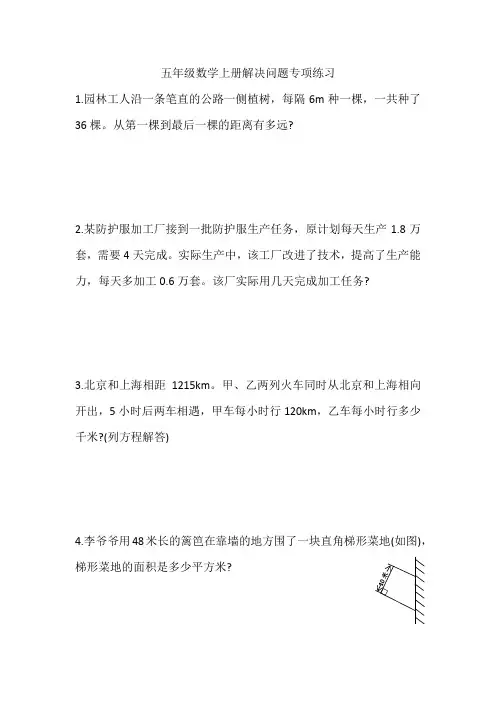 人教版数学五年级上册解决问题专项练习