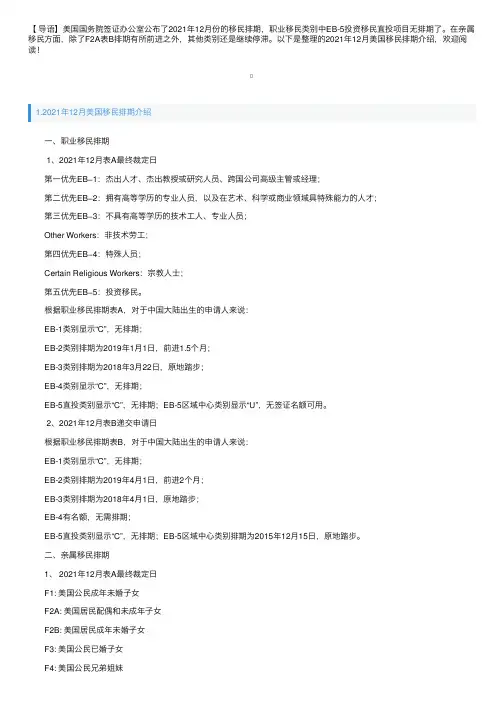 2021年12月美国移民排期介绍