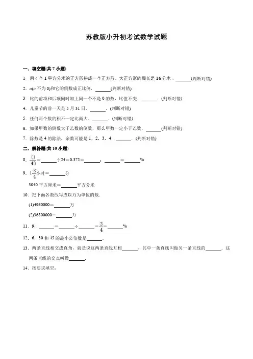 苏教版数学小升初模拟试卷含答案解析