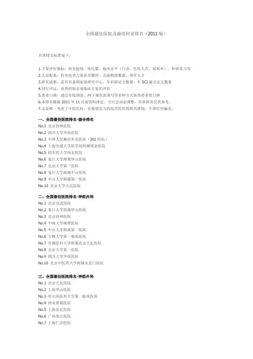 全国最佳医院及最佳科室排名(2011版)