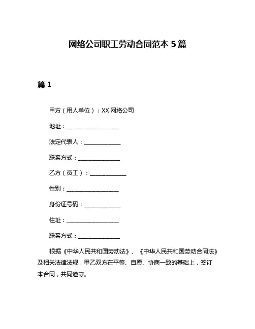网络公司职工劳动合同范本5篇