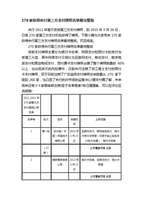 270家获得央行第三方支付牌照名单最完整版