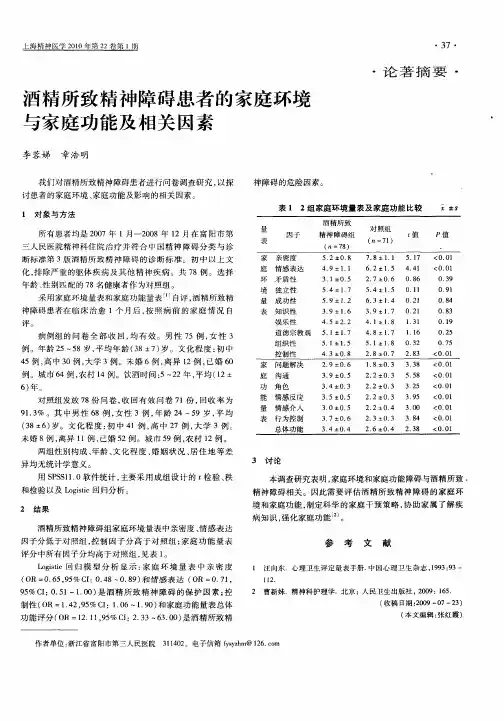 酒精所致精神障碍患者的家庭环境与家庭功能及相关因素