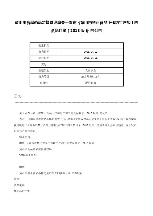 黄山市食品药品监督管理局关于发布《黄山市禁止食品小作坊生产加工的食品目录（2018版）》的公告-