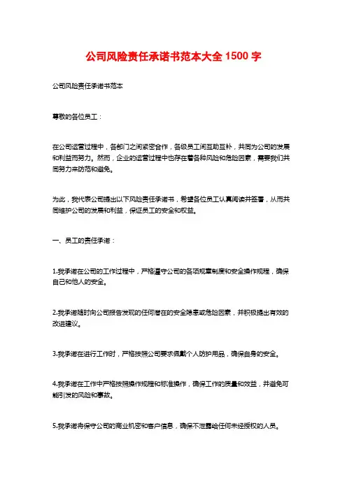 公司风险责任承诺书范本大全