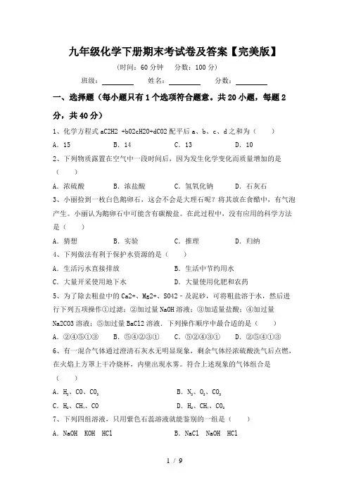 九年级化学下册期末考试卷及答案【完美版】
