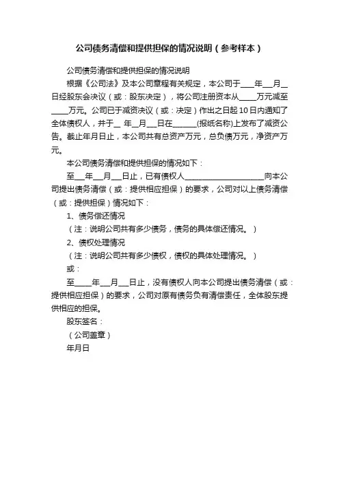公司债务清偿和提供担保的情况说明（参考样本）