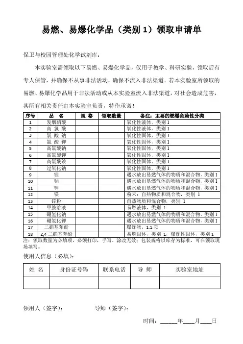 易燃、易爆化学品类别1领取申请单
