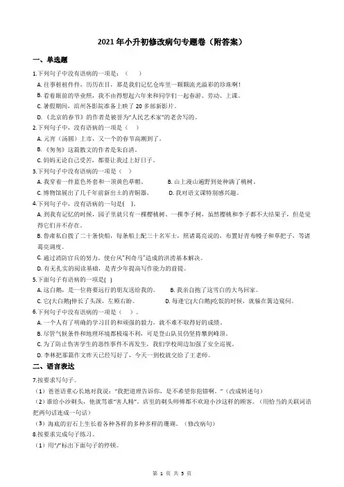 2021年小升初修改病句专题卷(附答案)
