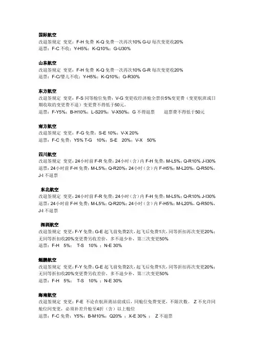 各航空公司退改签规定