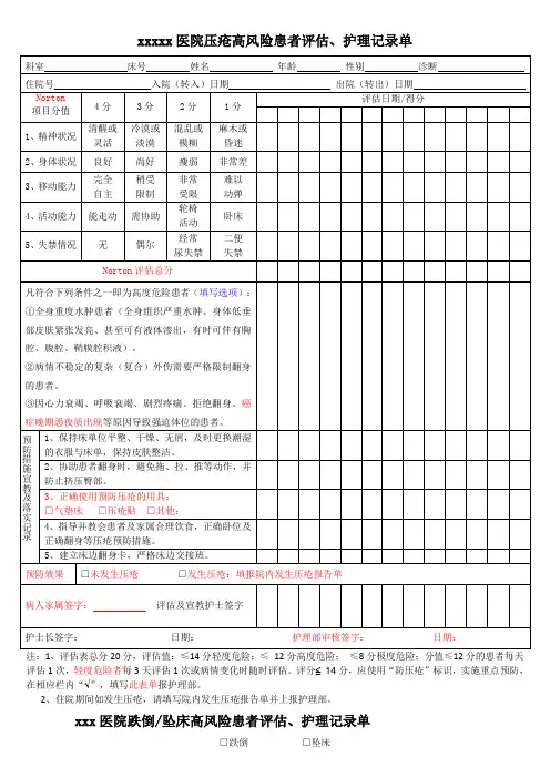 医院 防跌倒,压疮评估表格模板