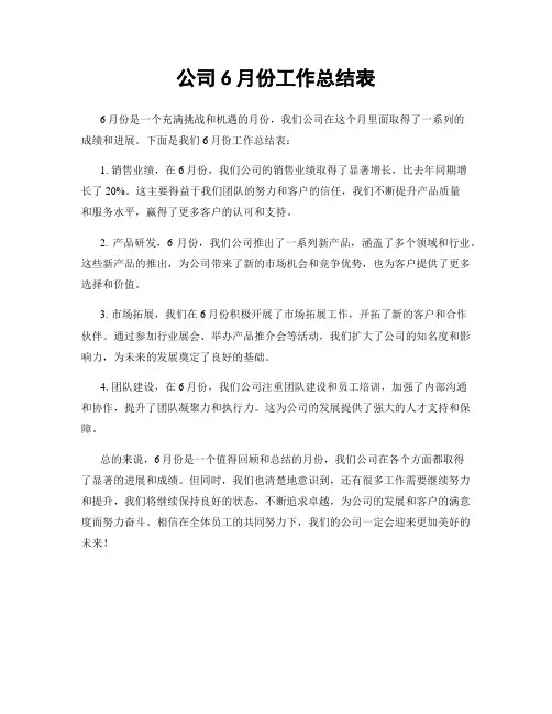 公司6月份工作总结表