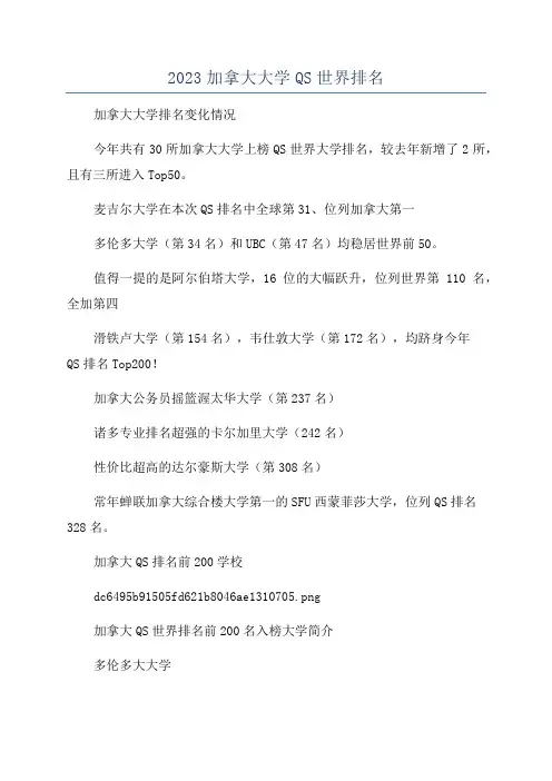 2023加拿大大学QS世界排名