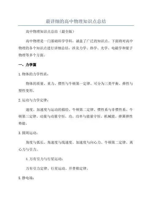 最详细的高中物理知识点总结