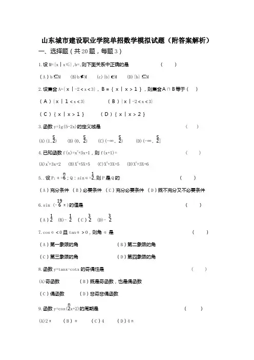 山东城市建设职业学院单招数学模拟试题(附答案解析)