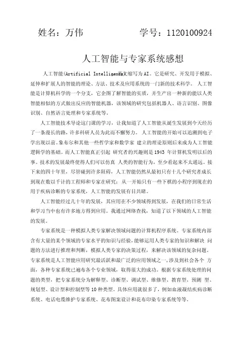 人工智能与专家系统感想