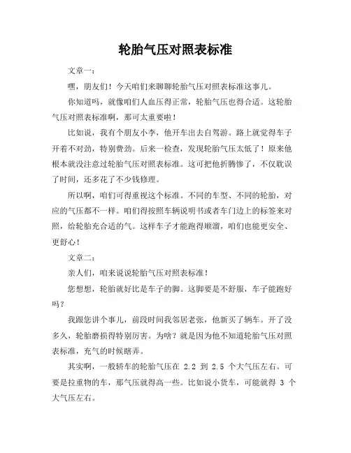 轮胎气压对照表标准
