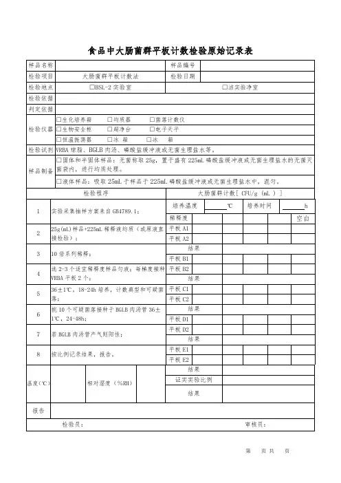 大肠菌群计数平板法检验原始记录