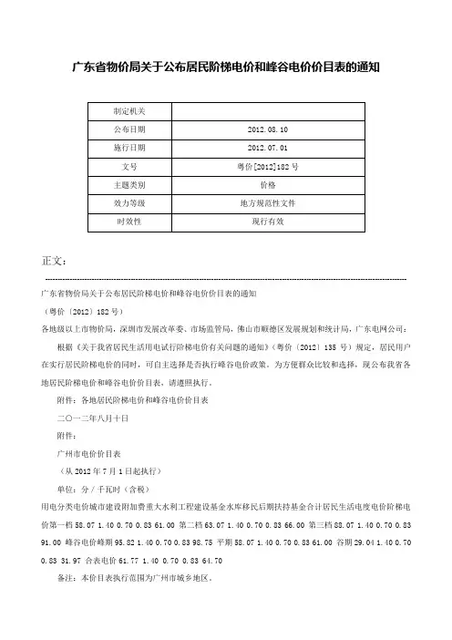 广东省物价局关于公布居民阶梯电价和峰谷电价价目表的通知-粤价[2012]182号