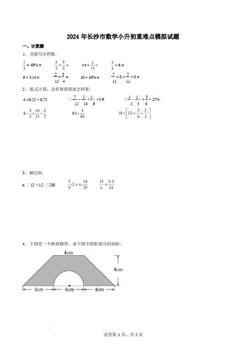 2024年长沙市数学小升初重难点模拟试题