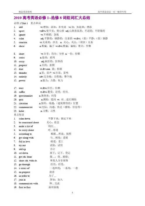人教版高中英语必修一到选修八单词和短语【精品收藏】