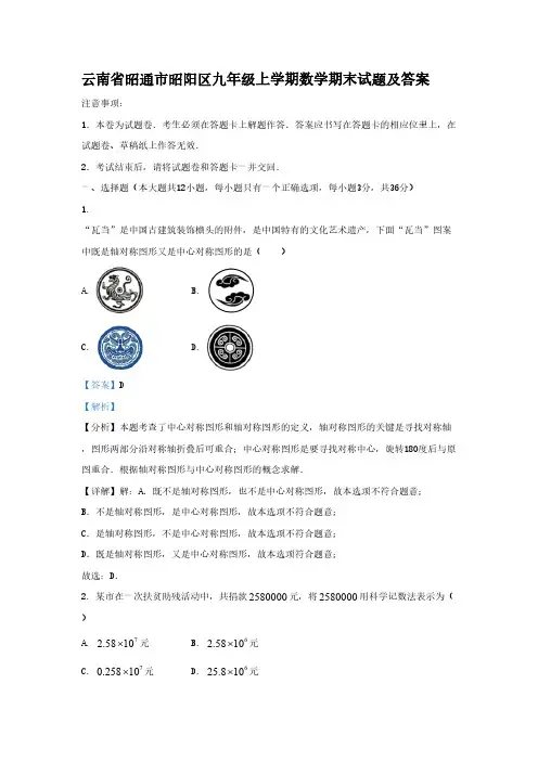 云南省昭通市昭阳区九年级上学期数学期末试题及答案