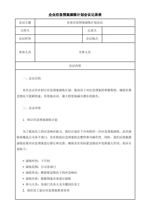 企业应急预案演练计划会议记录表模板(可修改)
