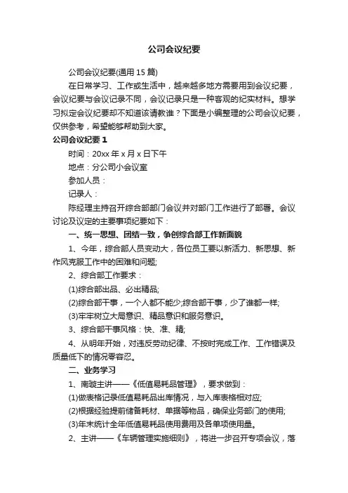 公司会议纪要（通用15篇）