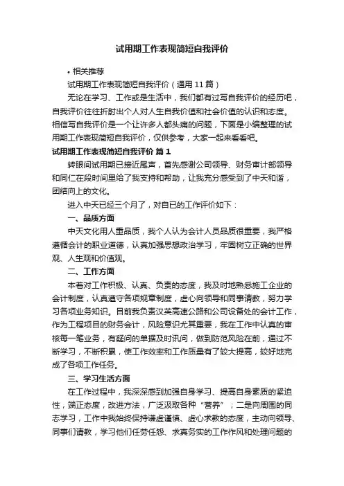 试用期工作表现简短自我评价