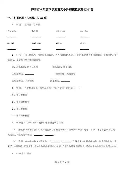 济宁市六年级下学期语文小升初模拟试卷(2)C卷