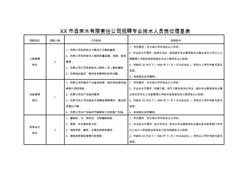 市自来水有限责任公司招聘专业技术人员岗位信息表【模板】