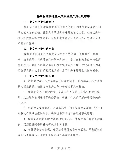 煤炭管理科计量人员安全生产责任制模版