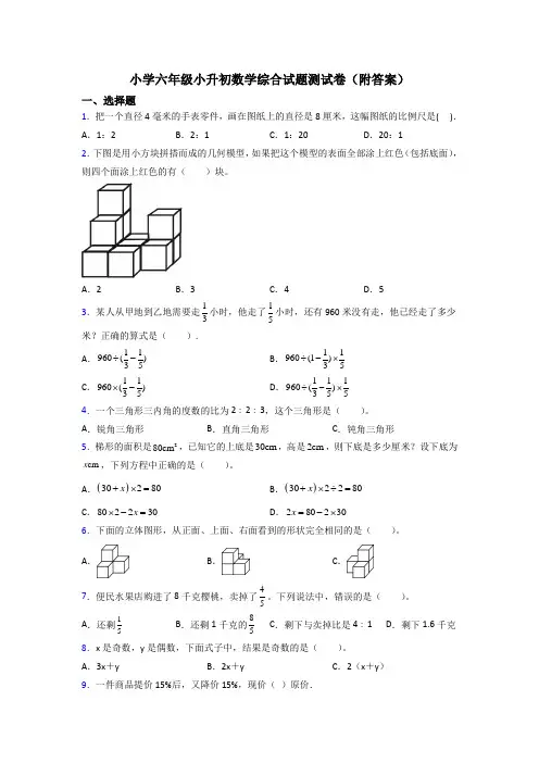 小学六年级小升初数学综合试题测试卷(附答案)