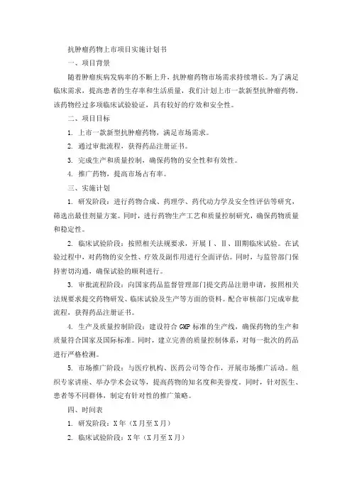 抗肿瘤药物上市项目实施计划书