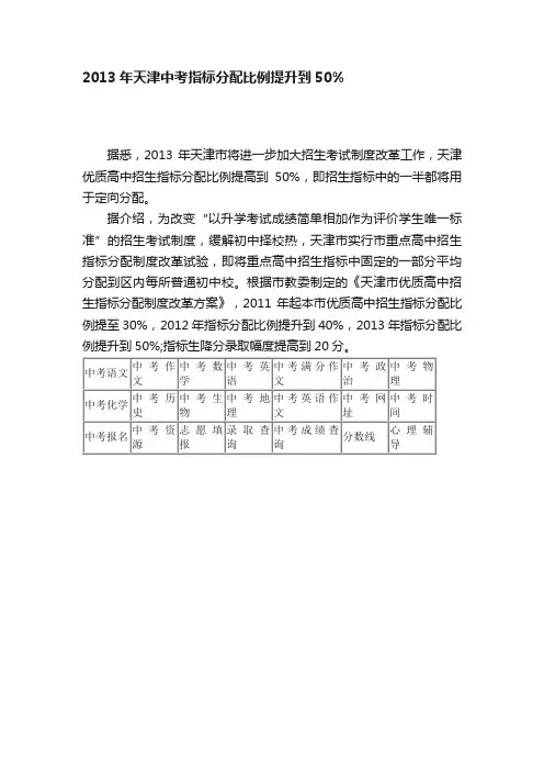 2013年天津中考指标分配比例提升到50%