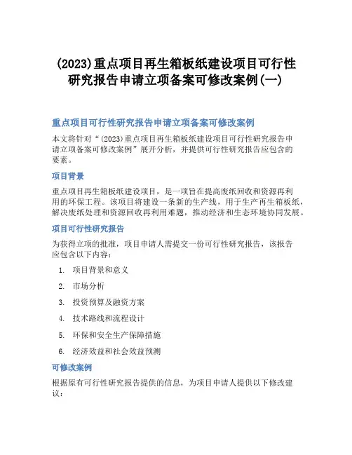 (2023)重点项目再生箱板纸建设项目可行性研究报告申请立项备案可修改案例(一)