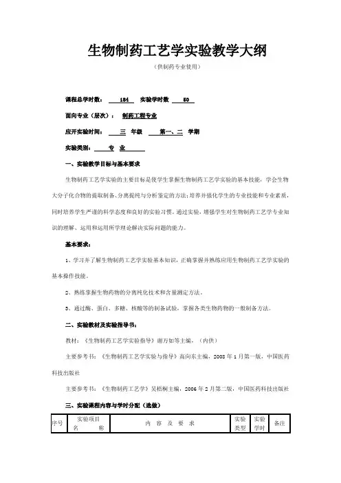 生物制药工艺学实验教学大纲