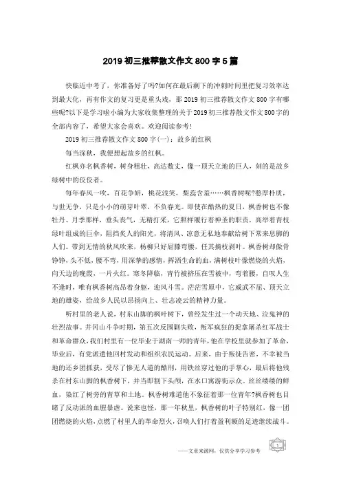 2019初三推荐散文作文800字5篇