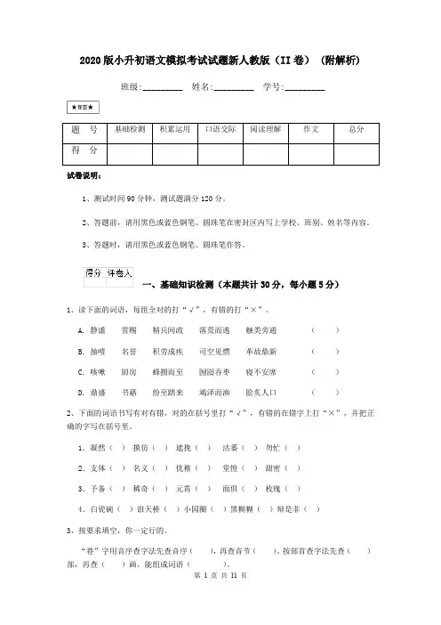 2020版小升初语文模拟考试试题新人教版(II卷) (附解析)