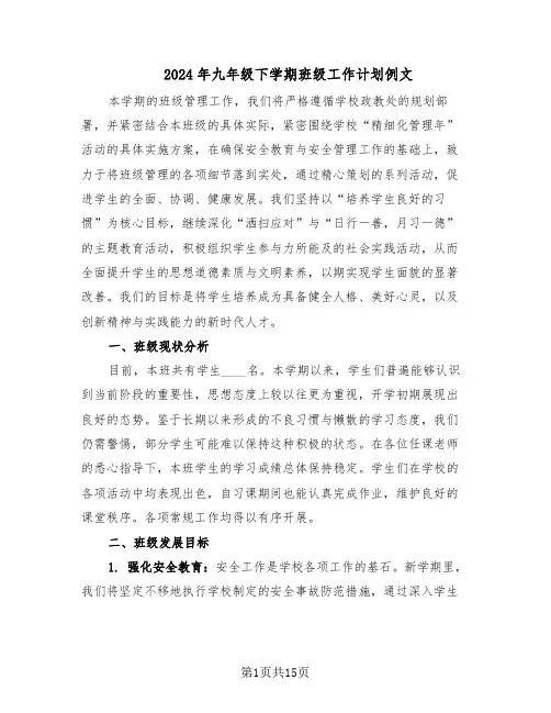 2024年九年级下学期班级工作计划例文（五篇）