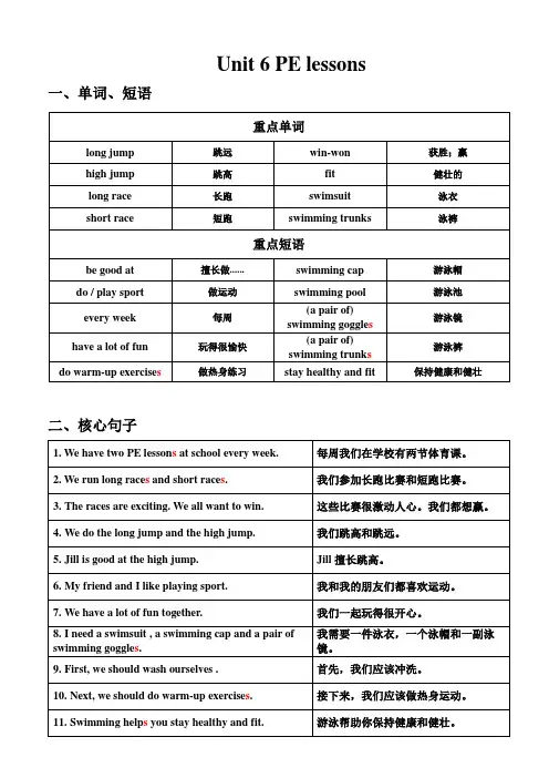 深圳2023六年级下册英语重点知识  Unit  Unit 6  PE lessons 重点知识