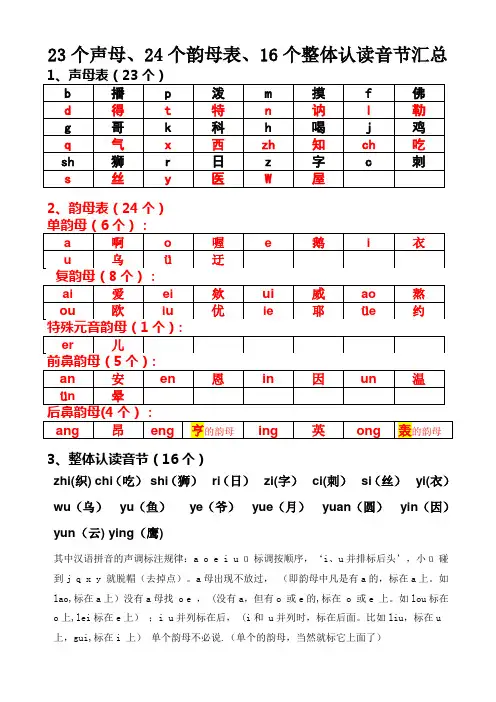 汉语拼音23个声母、24个韵母表、16个整体认读音节汇总