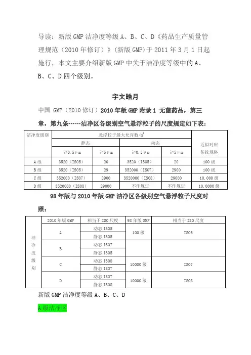 新版GMP洁净度等级A、B、C、D