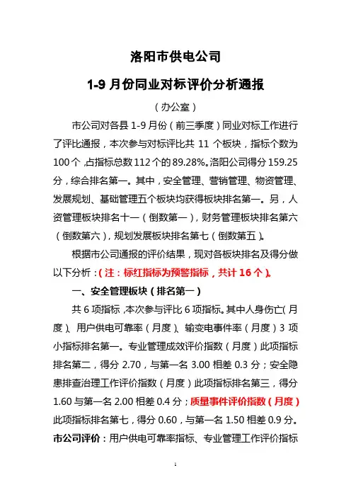 市供电公司1-9月份同业对标评价分析通报