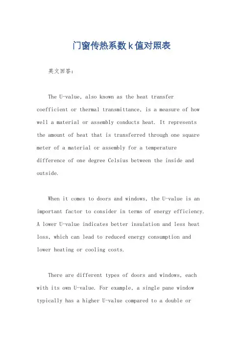 门窗传热系数k值对照表