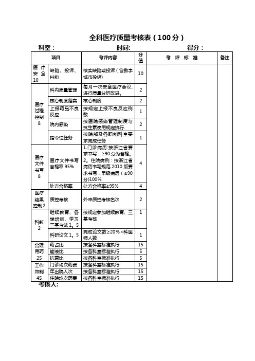 全科医疗质量考核表