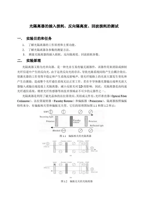 光隔离器的插入损耗、反向隔离度、回波损耗的测试