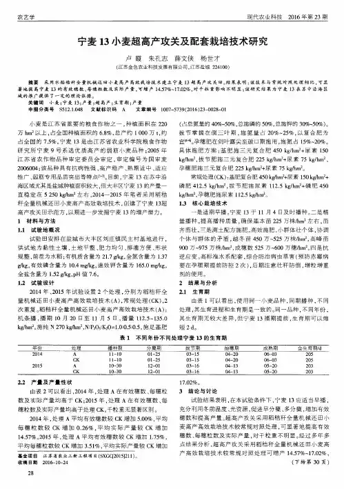 宁麦13小麦超高产攻关及配套栽培技术研究