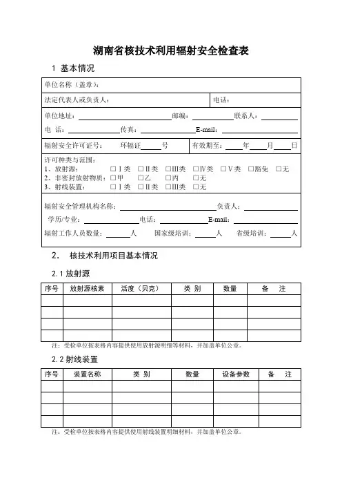 湖南省核技术利用辐射安全检查表