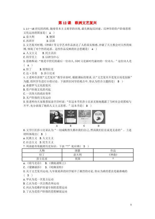九年级历史上册《第三单元 近代早期的西欧》第12课 欧洲文艺复兴课后练习 中华书局版